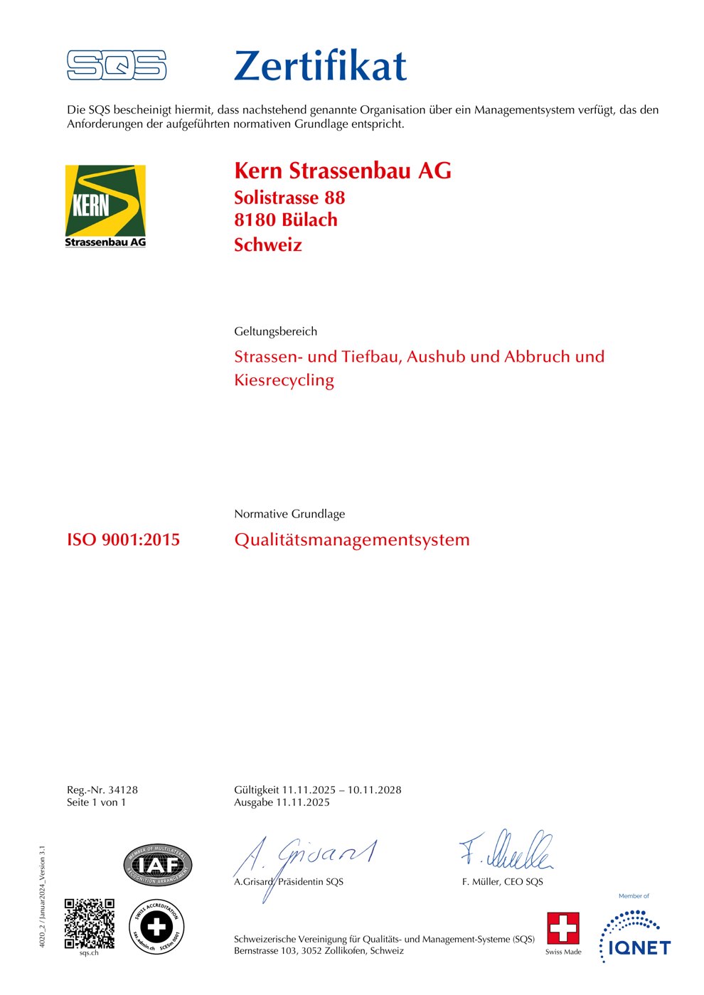 Zertifikat der SQS: Die Kern Strassenbau AG erfüllt die Norm ISO 9001:2015